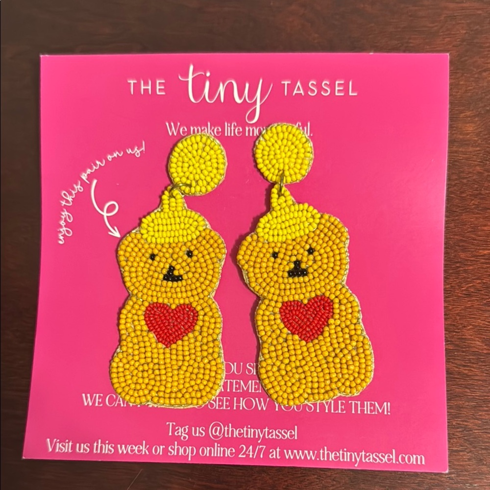Yellow Bear Earrings. Beaded. Tiny Tassel